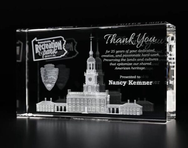 Sophisticated 3D Crystal Cooper Rectangle Award, expertly engraved with custom designs to celebrate corporate achievements and professional excellence.